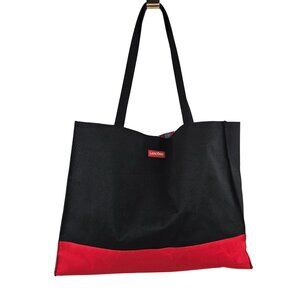 Lancome Tote Black Red Canvas Cosmetic Bag  Striped Interior Snap Closure